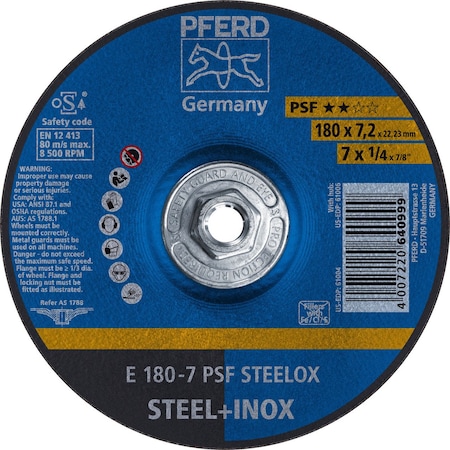 Pferd 61006 7in x 1/4in Grinding Wheel 5/8-11 Thd. A 24 L PSF-INOX Type 27 61006-PFERD